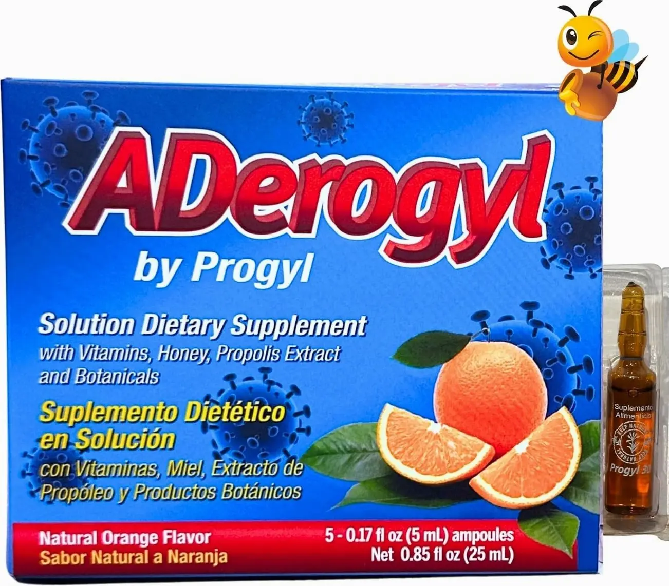 Aderogyl Oral Liquid Vitamins with A, C, D, E, Zinc, Bee Honey, Propolis, and Botanical Extracts - Natural Orange Flavor - 5 Immune Support Supplement Ampoules (0.85 fl oz / 25 ml)