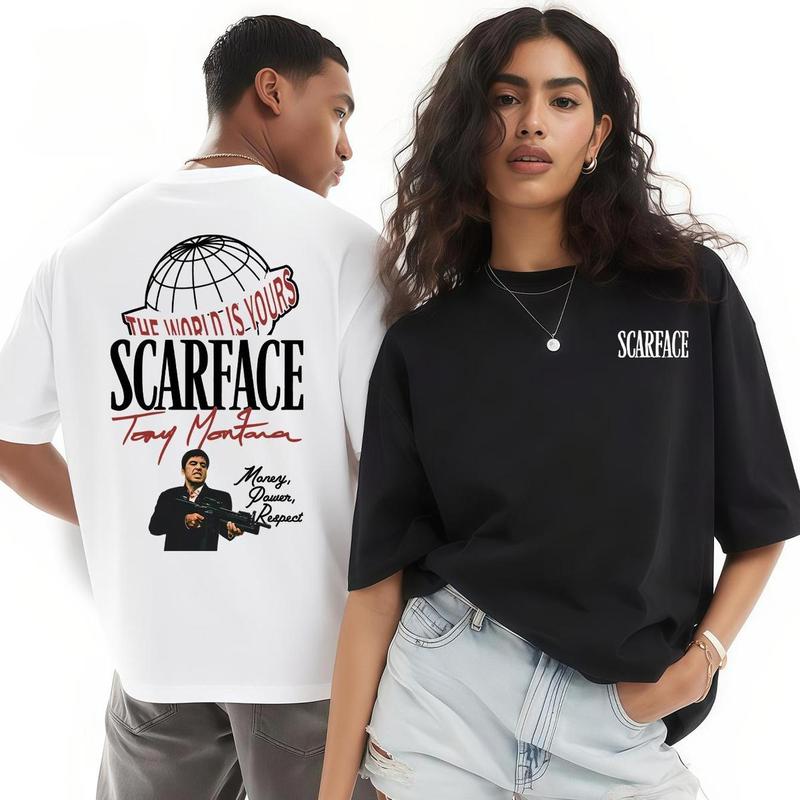UOSO Two Sides Graphic Tee - The World is Yours Design with Tony Montana Iconic Image Perfect for Movie Fans and Streetwear Enthusiasts Menswear Casual Crewneck Tshirt 100% Pure Cotton Y2K Streetwear Tee good  graphic  tees