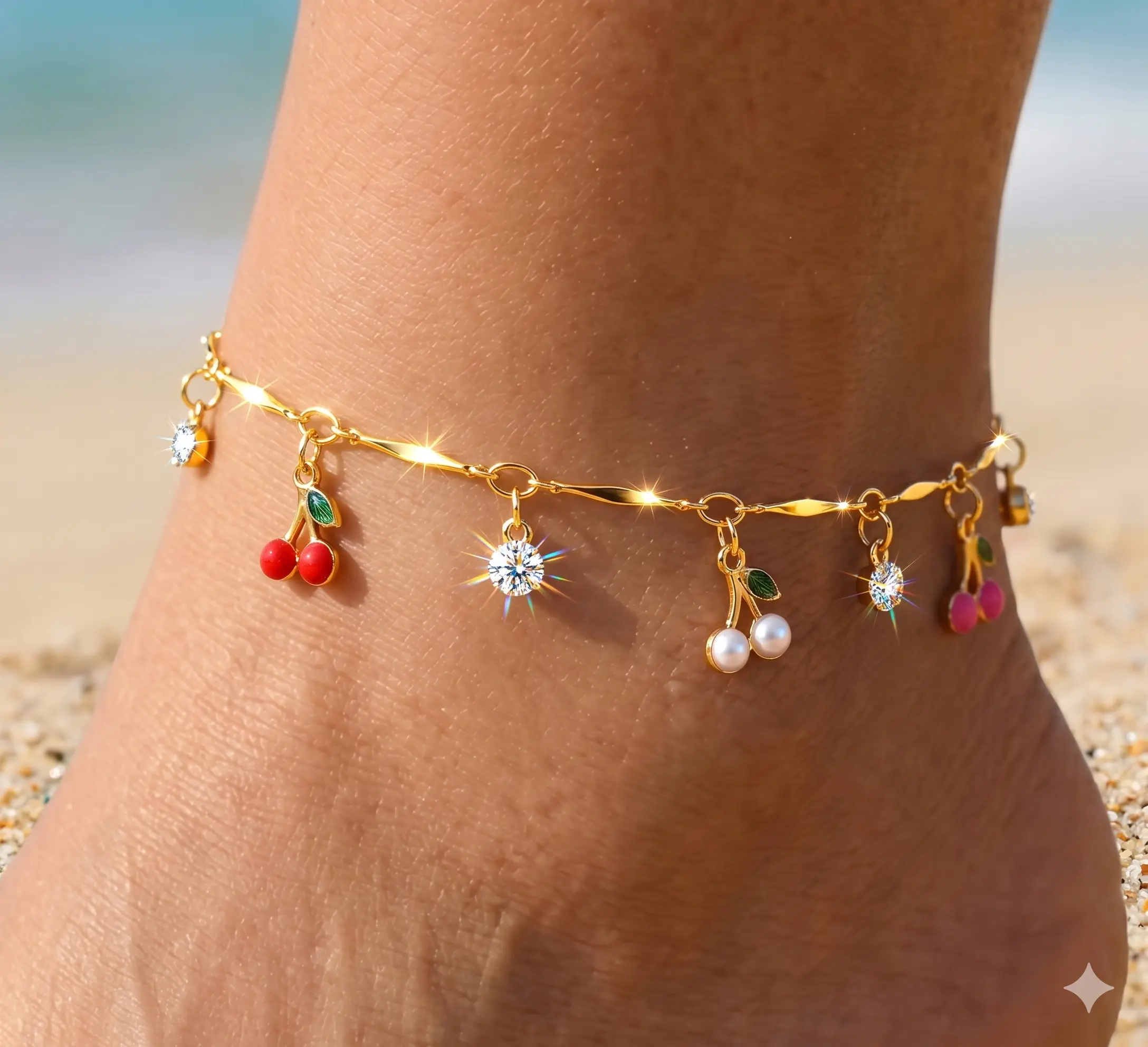 FLORIDECO Women's 1PC Y2K Colorful Cherry Adjustable Beachy Anklet, Dainty Gold Costume Jewelry for Summer Beach, Adjustable Anklets, Beachy Anklets