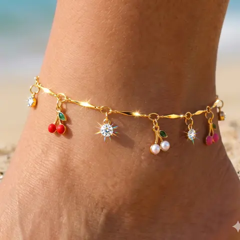 FLORIDECO Women's 1PC Y2K Colorful Sparkly Fruit Cherry Adjustable Gold Anklet - Dainty Layer-Ready Foot Jewelry, Fashionable Accessories for Summer Beach