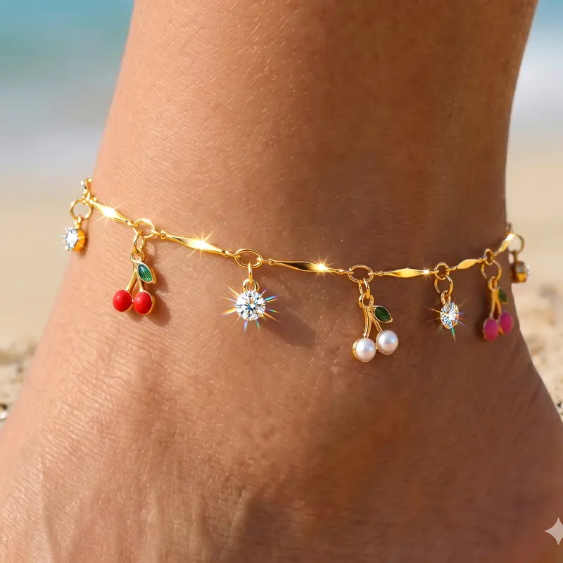 FLORIDECO Women's 1PC Y2K Colorful Sparkly Fruit Cherry Adjustable Gold Anklet - Dainty Layer-Ready Foot Jewelry, Fashionable Accessories for Summer Beach