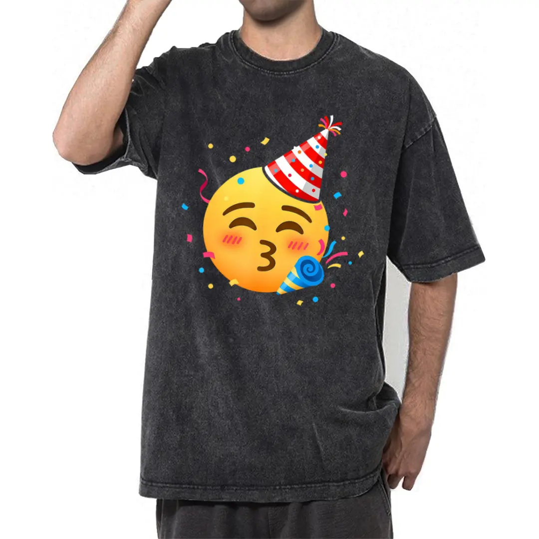 Funny Emoticon Birthday Tee – Washed Smiling Face Party T-Shirt for Fun Celebrations