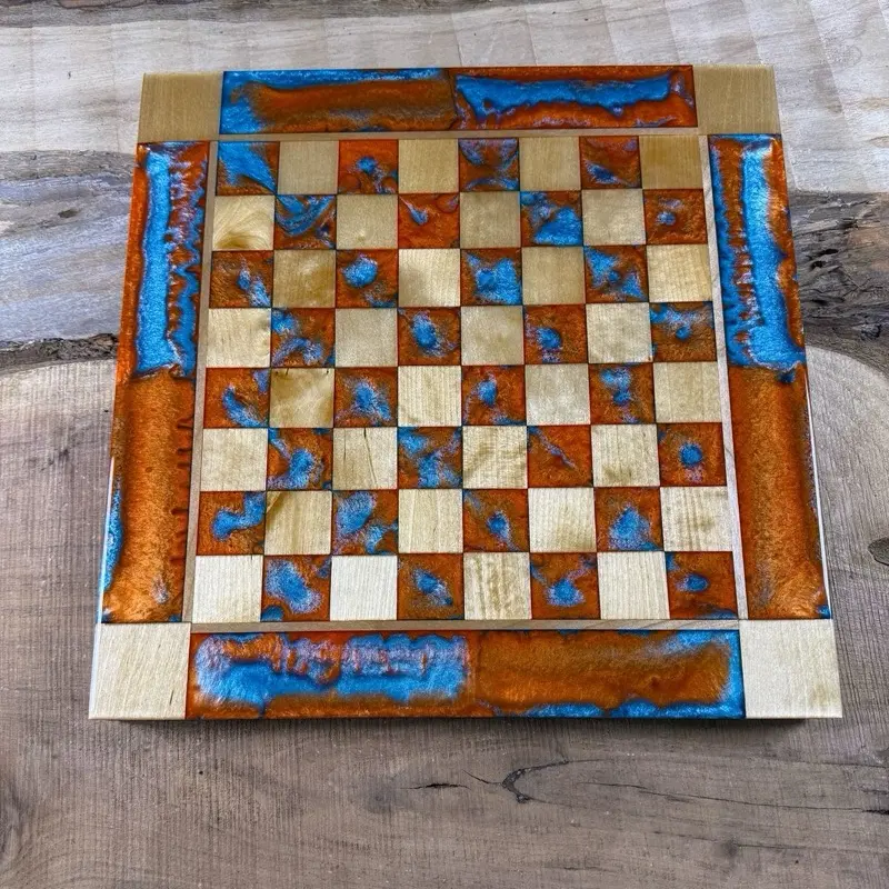 Vivid Orange Teal Maple Wood Chess Board (INCLUDES PIECES)