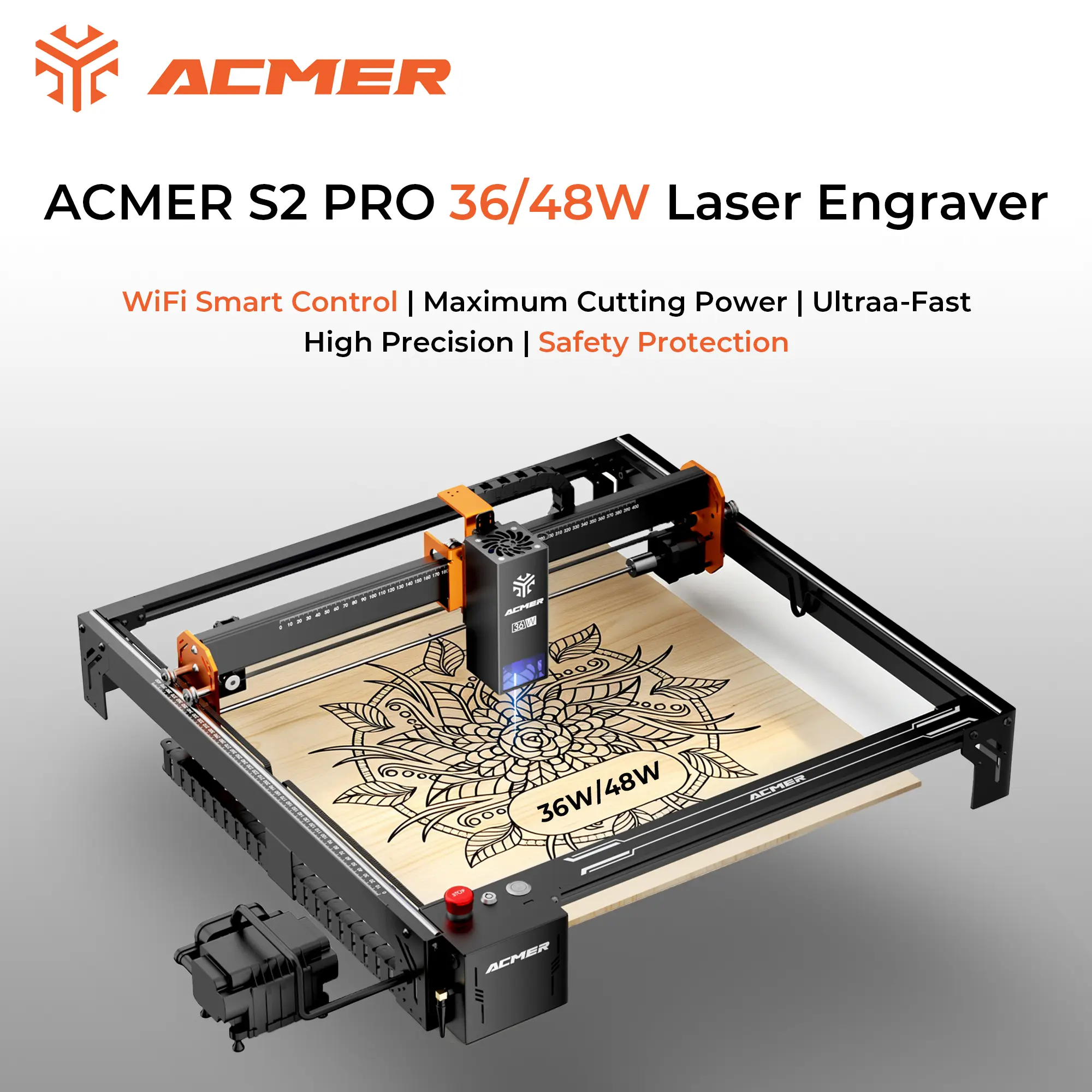 ACMER S2 Pro 36W/48W Laser Engraver & Cutter, WiFi Smart Control, 400×400mm Large Working Area, 48W Powerful Diode Laser, High Precision Engraving Machine with Air Assist, Safety Protection & Emergency Stop Button