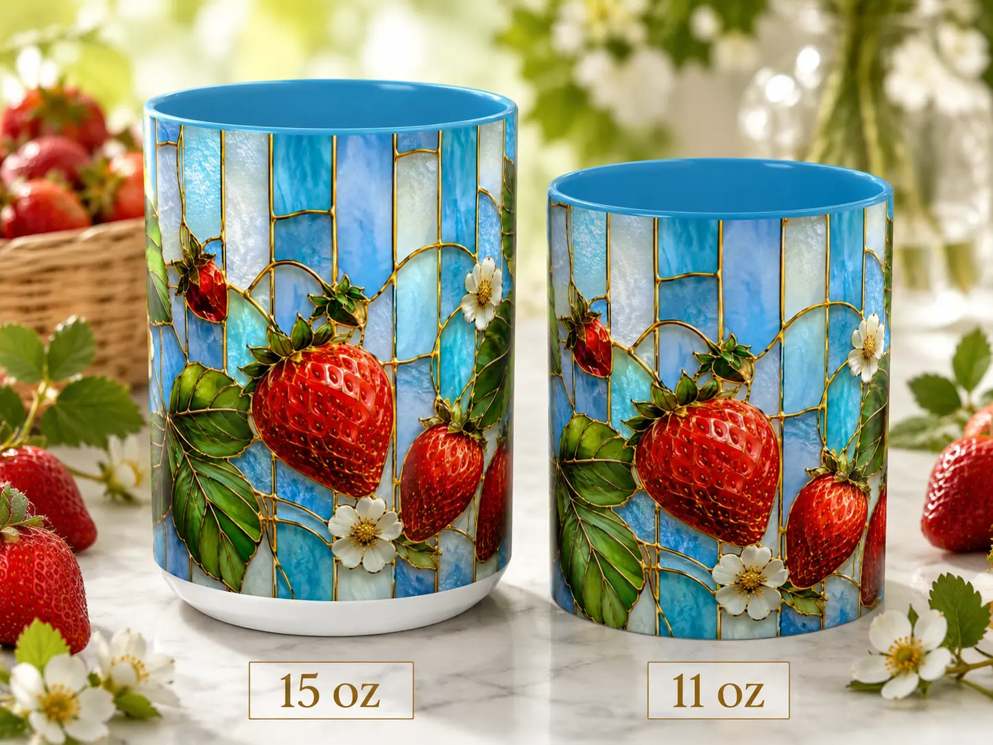 Stained Glass Strawberry Ceramic Coffee Mug - Cottagecore Botanical Kitchen Decor, Floral Nature Lover Gift for Her, Tea & Cocoa Drinkware