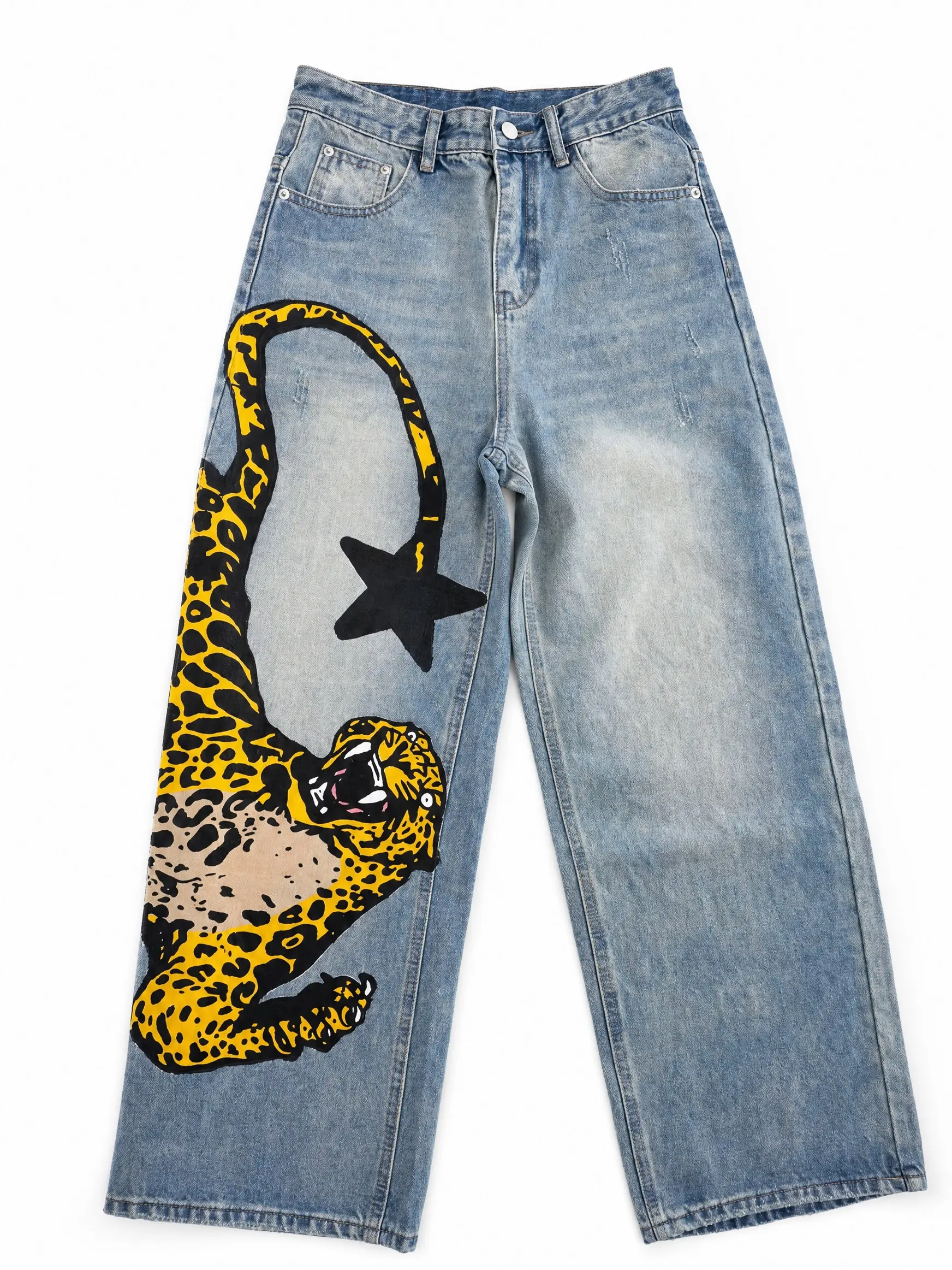 Handpainted Leopard Star Baggy Jeans – Custom Y2K Wide Leg Denim Pants, Vintage Wash Statement Jeans, One of One Streetwear Leopard Print Jeans