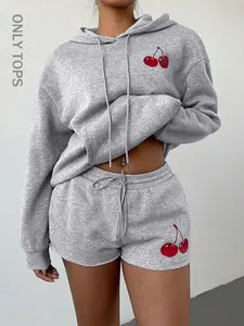 Women's Cherry Print Knit Fitted Hoodie, Casual Long Sleeve Hoodie, Ladies Fall & Winter Clothes for Daily Wear
