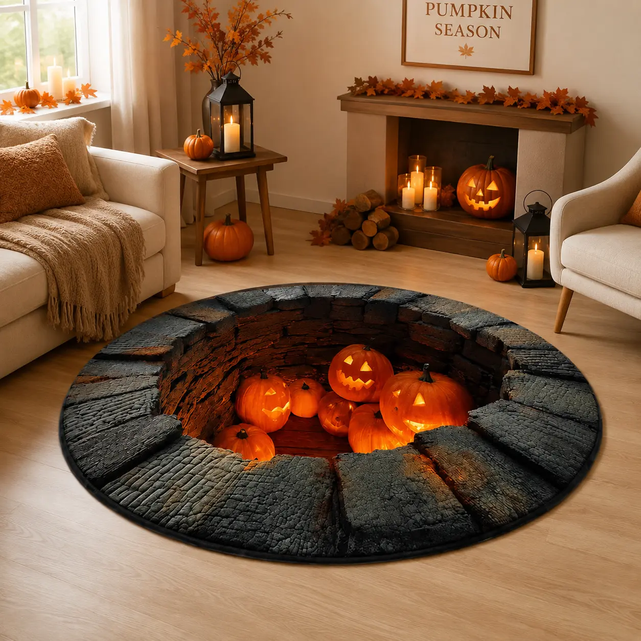 Halloween 3D Pumpkin Pit Round Rug, Glowing Jack O Lantern Optical Illusion Floor Mat, Spooky Non-Slip Washable Indoor Rug for Living Room, Bedroom, Entryway & Halloween Home Decor