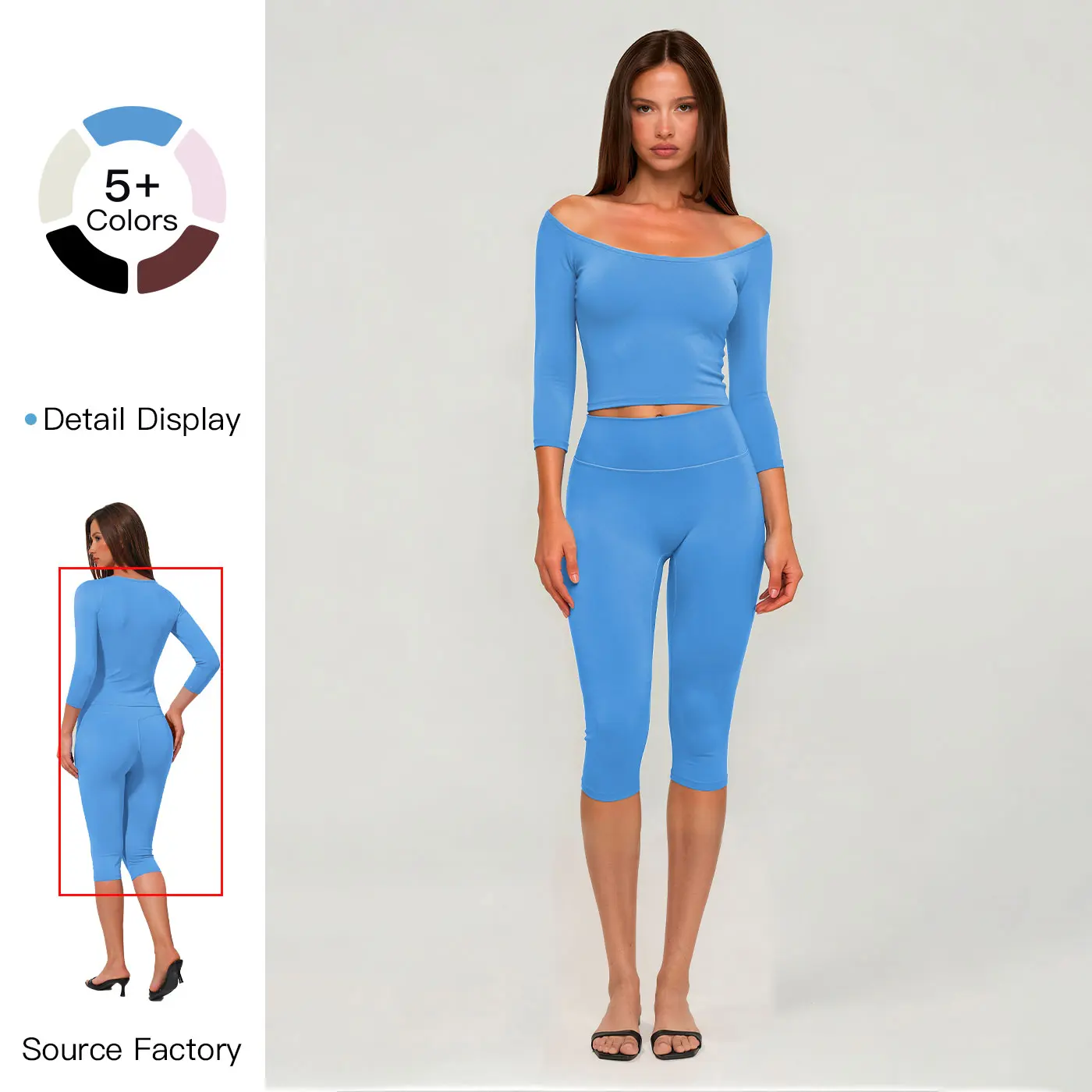 MFVIM women’s sky blue off-the-shoulder sports set – high-stretch, second-skin slim-fit cropped top + high-waisted tummy-control tight yoga leggings; hot-girl style everyday wear for Pilates and dance, two-piece matching set