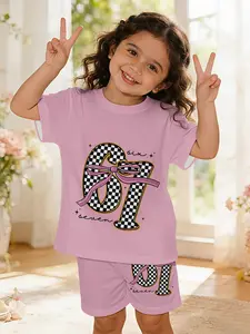 Bow-knot Number Printed Girls' Infant & Toddler Outfit, Fun outfit, 100% Polyester Digital Printed Short Sleeve Set for Baby Girls, suitable for daily wear and outdoor sports, An ideal gift for infants and toddlers