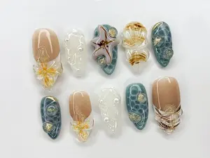 Ocean-Inspired Press On Nails Almond | 3D Beach Theme with Seashells and Starfish | Handmade Pearls Press On Nails for Summer Vibes , Gen X Nail, Acrylic Press On Nail, Fast Shipping, Trendy