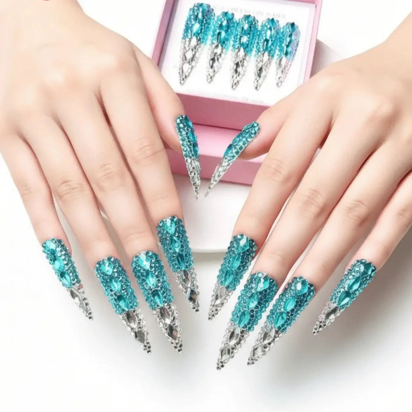 Nailrosy Handmade Press On Acrylic Nails Kit, 10Pcs Extra Long Almond Multicolor Plastic Acrylic, Hand-Paint Blue White Silver Glitter Rhinestone, Y2K Cute Design with Gift Box Included