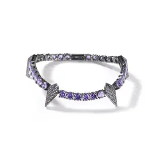 Purple Iced Out Spike Tennis Bracelet for Men Women, Cubic Zirconia Gothic Arrow Hand Chain, Black Plated Streetwear Hip Hop Jewelry Gift