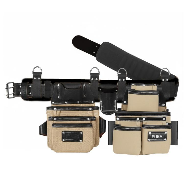 FUERI Holiday Haul Heavy Duty Tool Belt for Men 26 Pockets Beige and Black Nylon Leather Organizer Carpenter Construction Electrician Framing Belt Bag Pouch