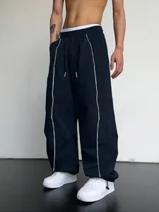 Men's Wide Leg Sports Pants, Casual Athleisure Style Summer Woven Fabric, Drawstring Waist, Side Stripes, Breathable Comfort Fit for Outdoor Activities