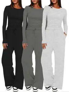 Two-piece Set Women's Solid Ruched Tee & Drawstring Pocket Pants Lounge Set, Casual Long Sleeve T-shirt & Elastic Waist Trousers, Ladies Sleepwear for All Seasons Loungewear