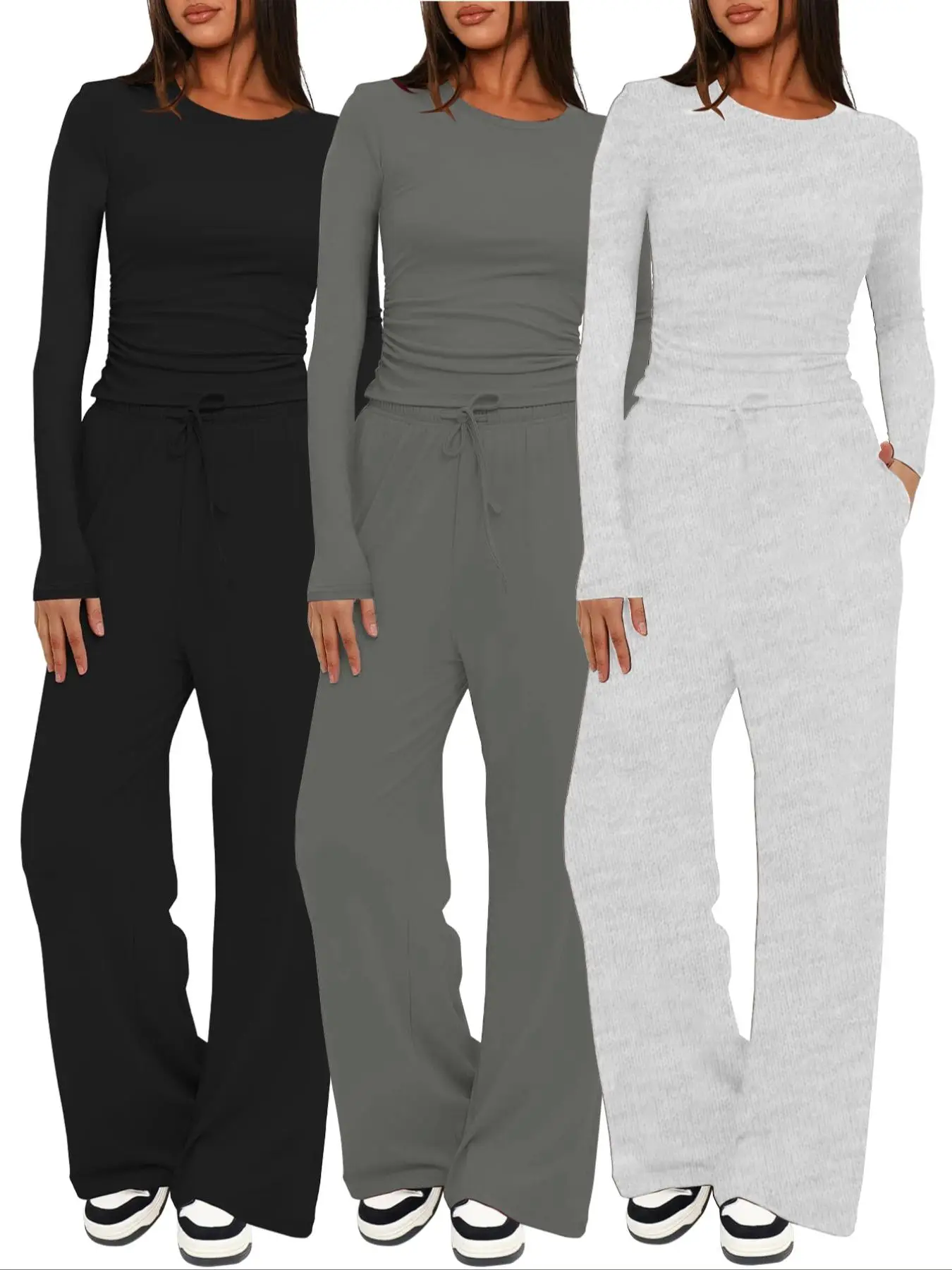 Two-piece Set Women's Solid Ruched Tee & Drawstring Pocket Pants Lounge Set, Casual Long Sleeve T-shirt & Elastic Waist Trousers, Ladies Sleepwear for