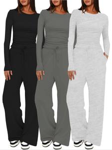 two-piece set women's solid ruched tee & drawstring pocket pants pajamas set, casual long sleeve t-shirt & elastic waist trousers, ladies sleepwear  loungewear for all seasons