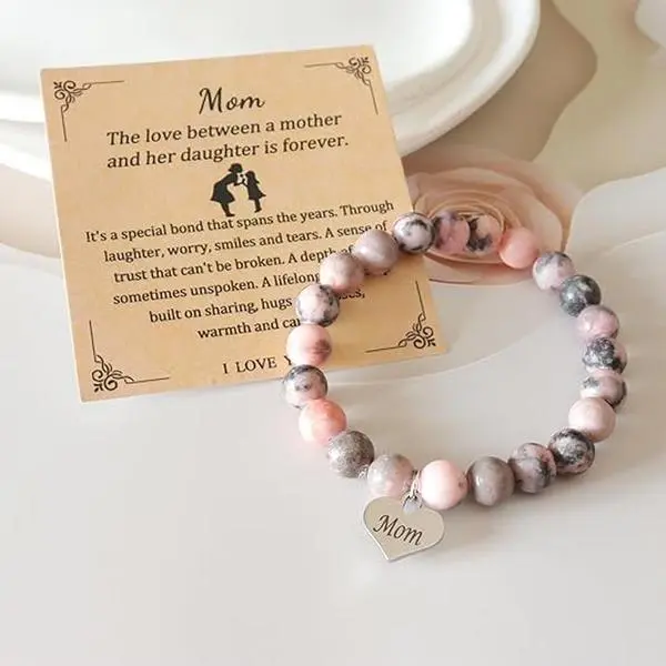 Women's Natural Stone Beaded Matching Charm Bracelets Set - Mother-Daughter Jewelry with Heart Charm, Sentimental Gift with Card for Mother's Day, Birthday, Elegant Symbol of Lifelong Connection