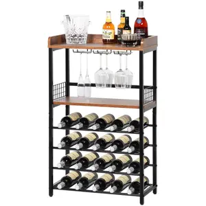 Morden Wood Wine Rack Freestanding Floor, 5-Tier Wine Storage Shelf with Wobble-Free Countertop, 20-Bottle Stackable Wine Glass Holder Rack for Home Bar Kitchen Dining Room Outdoors