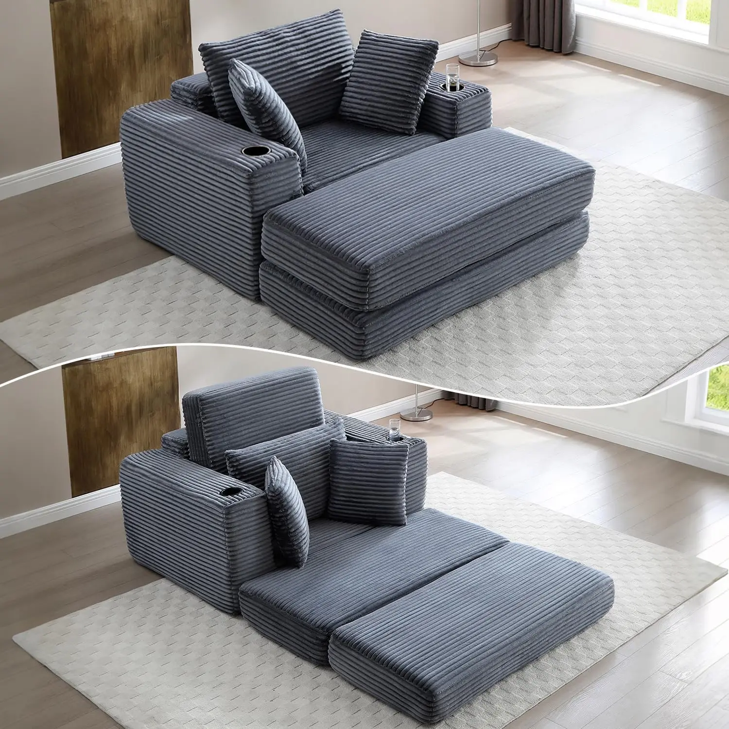 62" Chaise Lounge Chair Indoor, Oversized Corduroy Boneless Convertible Chaise Lounge Couch Sleeper Chair with Ottoman, Deep Seat Reading Chair, No Assembly Required
