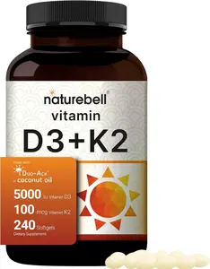 Vitamin D3 5,000 IU + K2 100 mcg, 240 Softgels | Daily 2-in-1 Formula with Virgin Coconut Oil | Bone, Heart & Immune Support | MK-7 Form | Non-GMO, Gluten-Free