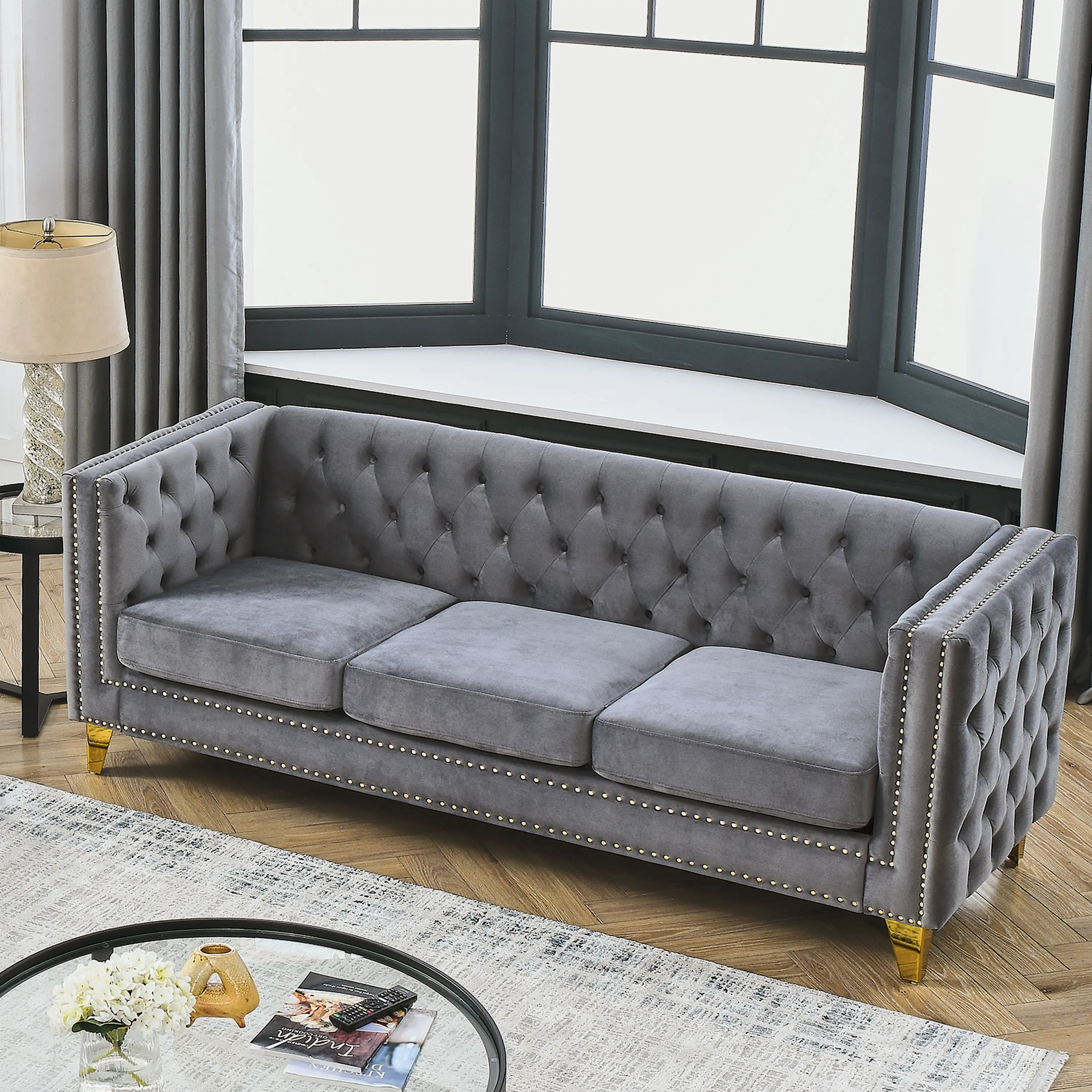 Eyisean 80" Velvet Overstuffed Futon Sofa - 3-Seater, Button Tufted Square Arm, Metal Legs, Deep Seat Indoor Furniture for Living Room, Apartment, Overstuffed Sofa