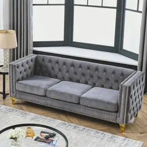 Eyisean 80" Velvet Upholstered Futon Sofa - Button Tufted Square Arm, Metal Legs, 3-Seater Deep Seat Upholstered Sofas for Living Room, Apartment