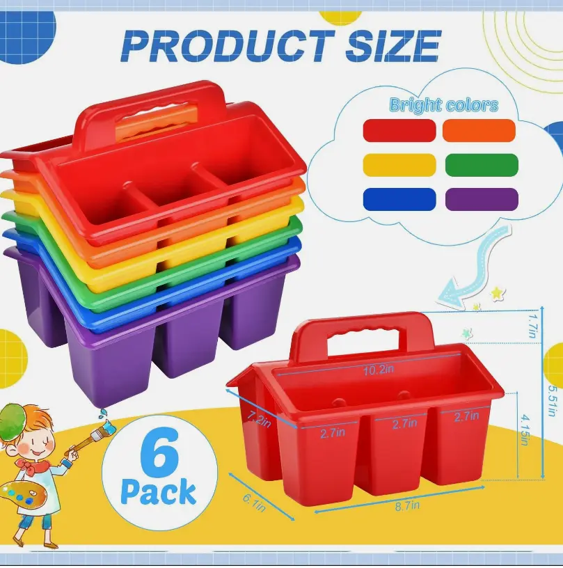 Classroom Caddy Storage Basket with Handle, 6 Pack Plastic Arts Office Crafts