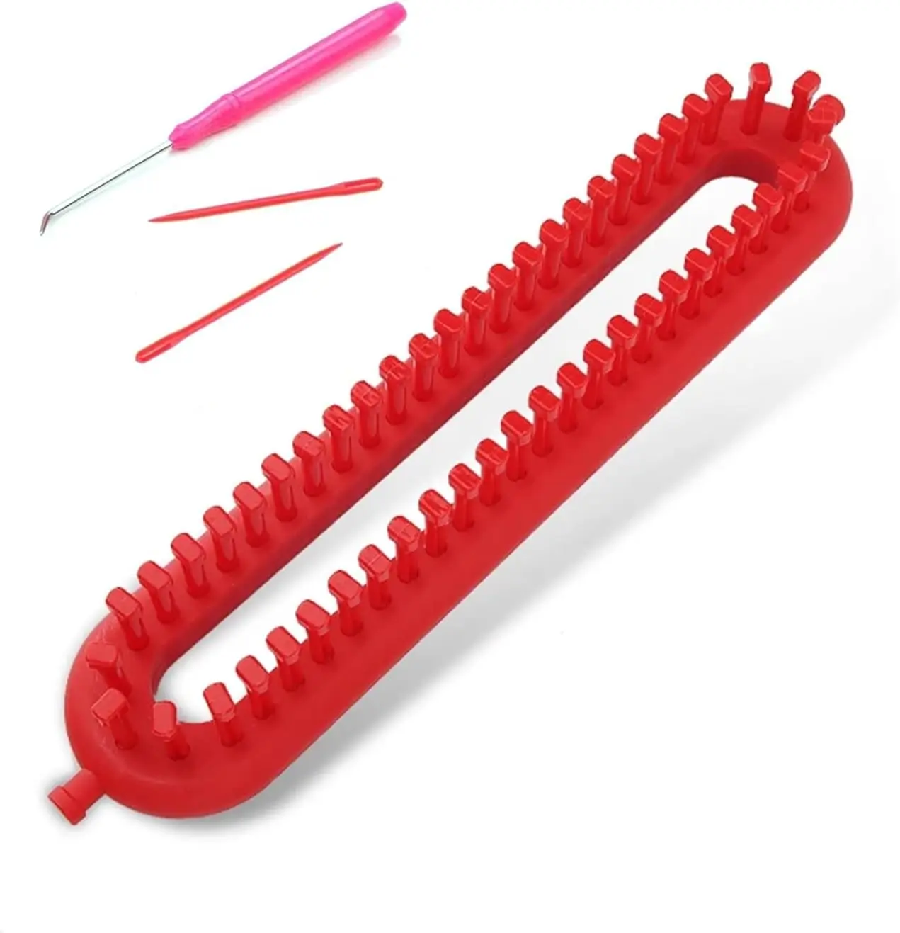 Dense Teeth Rectangle Knitting Looms，Plastic Weaving Looms Set，Weaving Loom，Scarf Hats Making Tools，DIY Crocheting Handmade Craft Kit with a Crochet Hook and Needle for Knitting Lovers，26 cm (Red) Gift