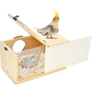 Parrot Nesting Box Cockatiel Nesting Box Bird Breeding Box House Handcrafted Wooden Acrylic Transparent Bird Box with Detachable Wooden Board for Parakeets Cockatiel Budgie Conure Parrot L