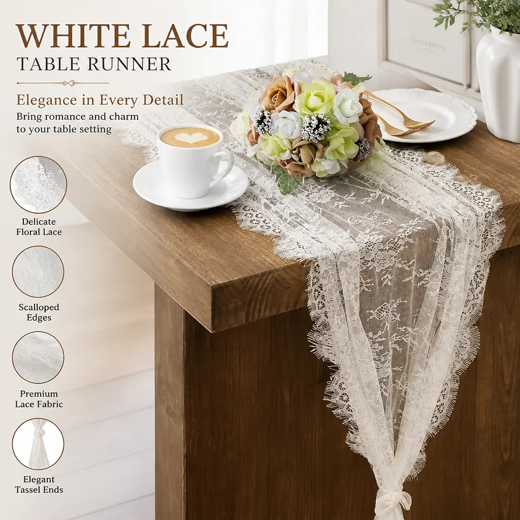 6pcs White Rectangle Lace Table Runners - 14x120 Inch, Embroidered Boho Design, Rustic Vintage Style, Machine Washable, All-Seasons Decor for Wedding Receptions, Bridal Showers, Embroidery