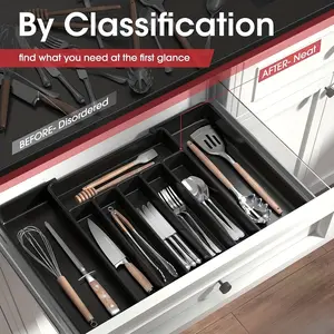 Extra-Large Expandable Kitchen Drawer Storage Box, 8 Compartments, Adjustable Cutlery Tray for Utensils, Black