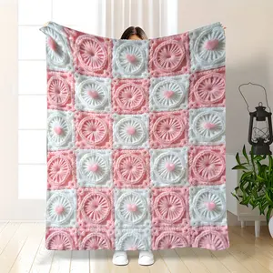 Pink And White Color Block Crochet Blanket With Heart Accents, Full Of Girly Heart; Soft And Comfortable, Perfect For Home Decor, Sofa, Office Nap, Shawl, Outdoor Picnic, Travel, Multi-Size Multi-Purpose Blanket, Category: Small Throw, Lunch Break