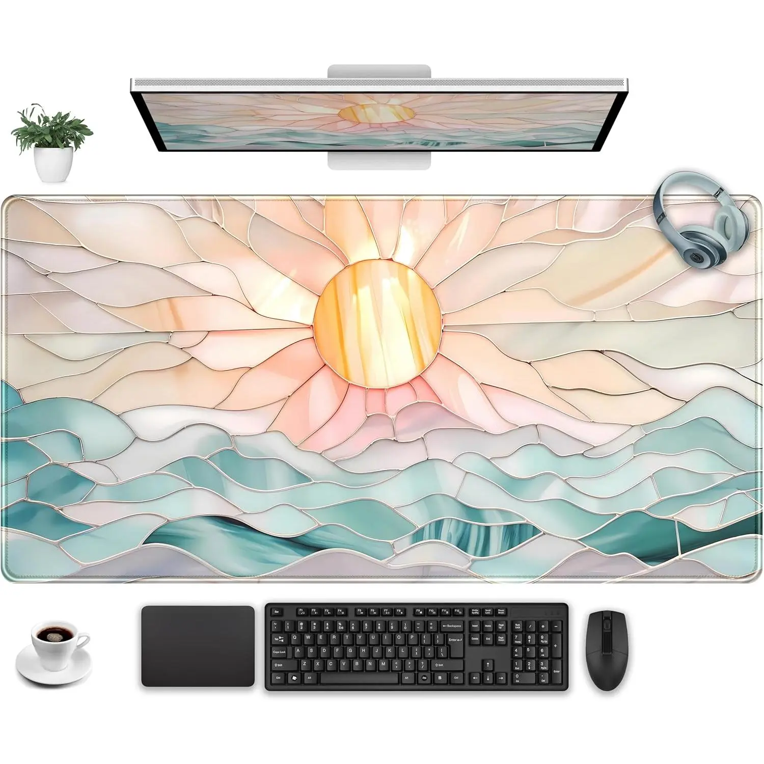 Desk Mat Gaming Desk Pad Large Mouse and Keyboard Pad, Abstract Serene Ocean Sunrise Mouse Mat XXL, Pastel Desk Protector Mat Computer Mats for Desktop Sun & Waves Office Decor 24" x 14"