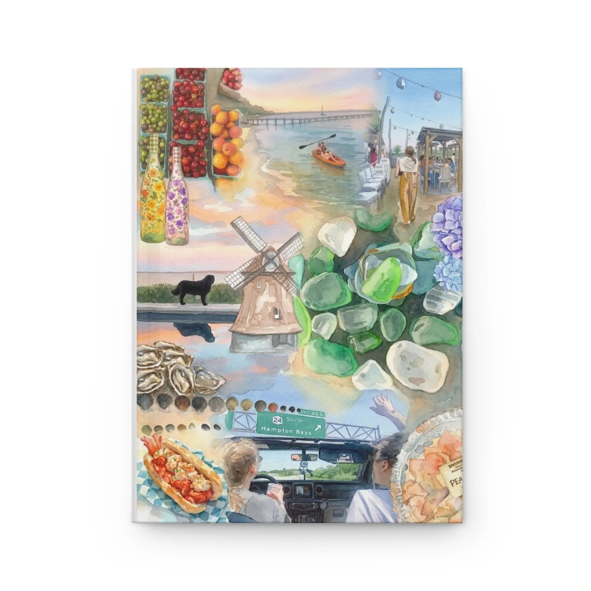 Colorful Whimsical Notebooks - Hamptons Themed Office Journal, Cute Aesthetic Collage Paper Notebook, Hand-Drawn Beach Scenes, Sea Glass, Seafood, Pier Illustrations, 150 Lined Pages, Durability, Reduced Glare, Flat Opening, Journaling Supplies, Whimsical