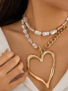 Exaggerated Lava Heart Double Layer Necklace, Boho Baroque Faux Pearl Chain, Fashionable All Season Jewelry for Women