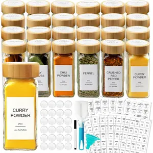 Glass spice jars, includes 398 labels, 24 4-ounce spice jars with bamboo lids, square spice bottles with shaker lids, suitable for organizing spices in cabinets, drawers, shelves, etc., spice organizer: home and kitchen