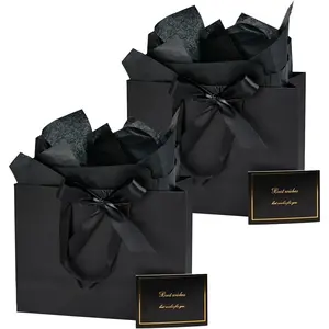 2 Pack 13x5x10 Inch Large Black Gift Bag Set with Tissue Paper, Greeting Card & Ribbon, Big Gift Wrapping Kits for Clothing, Shoes, Wine, Birthday, Christmas, Wedding Favors