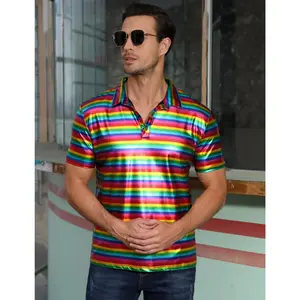 Men's Rainbow Metallic Polo Shirt, Short Sleeve for Halloween, Disco & Pride Events men patterned poloshirts