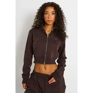 Kaiia Studio Script Logo Cropped Zip Up Hoodie Mocha