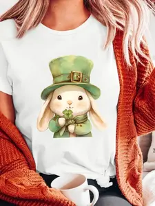 The Bunny St. Patrick's Day Valentine's Day T-Shirt with a casual crew neck short sleeve design is sleek and breathable, embellished with a shiny clover bunny motif, making it an ideal gift for St. Patrick's Day in all seasons.