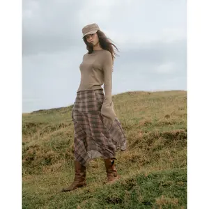 Sedra Midi Skirt in Brown and Pink Blurry Check