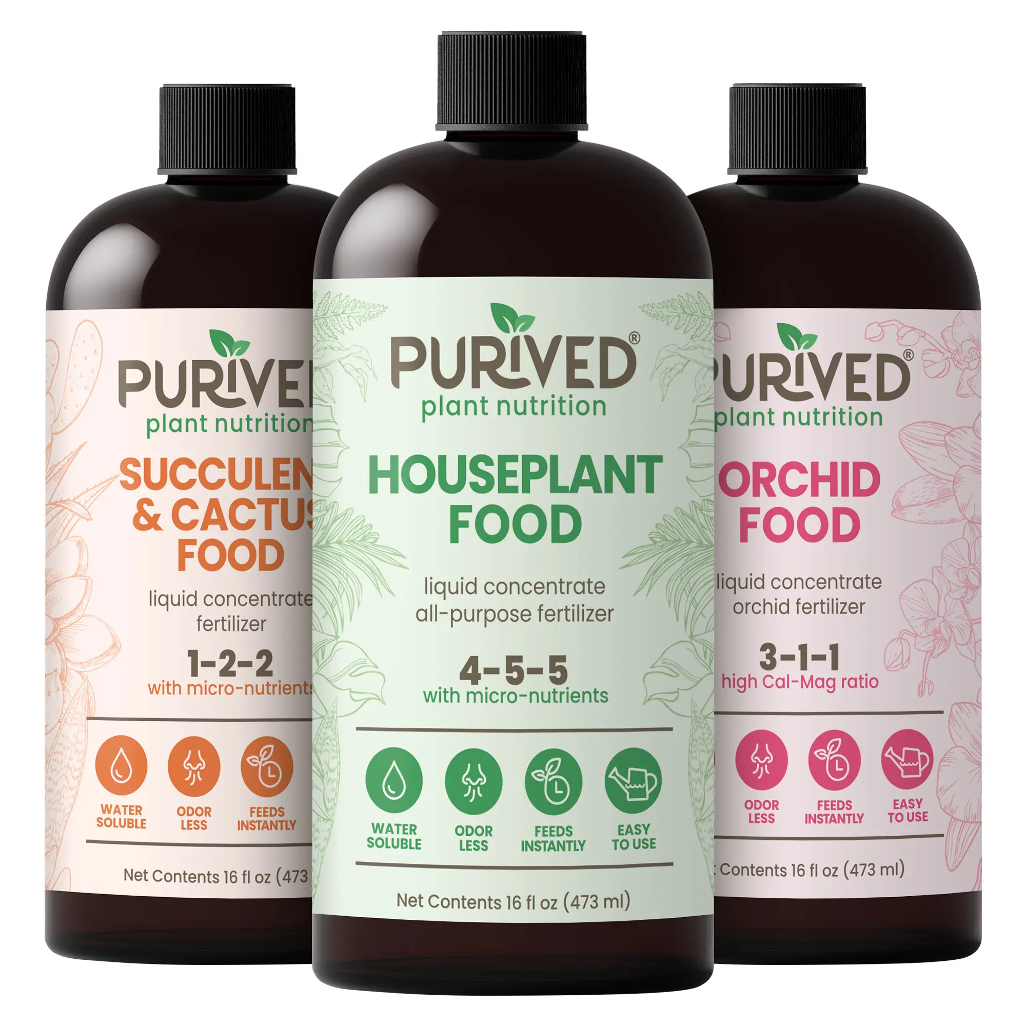 Purived Complete Plant Food Bundle | Houseplant, Succulent & Cactus, Orchid Fertilizers | All-Purpose Nutrition for Indoor Plants