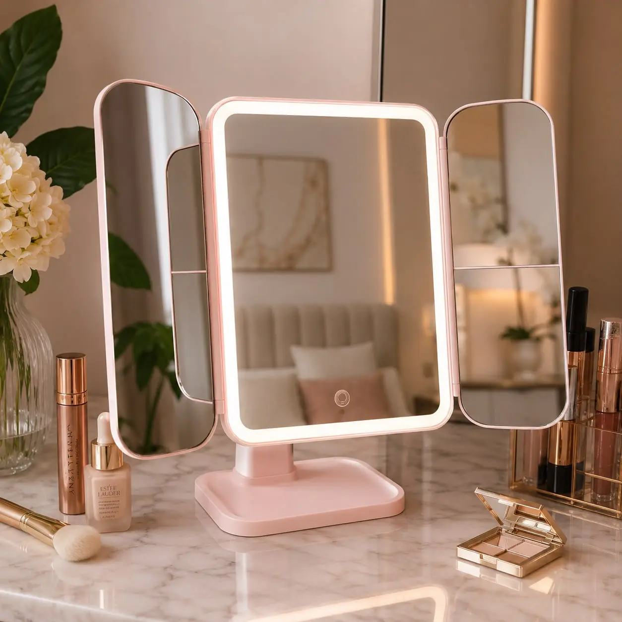 Trifold LED Vanity Mirror with 3 Color Lights – Tabletop Makeup Mirror