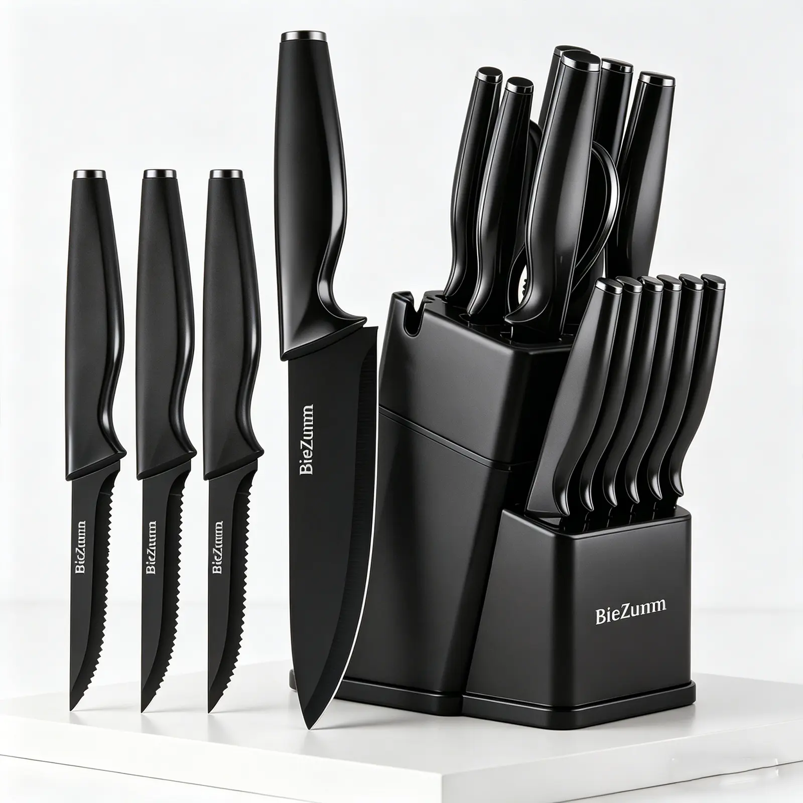Complete black kitchen knife set, 15-piece/3-piece set, includes cutting board and chopping board, sharp non-stick blades, ergonomic handle knife for cooking, all-in-one kitchen knife set.