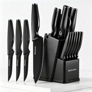 Complete black kitchen knife set, available in 15-piece or 3-piece sets, includes cutting boards; sharp non-stick blades and ergonomic handles; chef’s knives for cooking; integrated kitchen knife set.