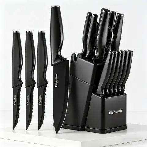 Black Kitchen Knife Block Set - 15-Piece/3-Piece Options, Stainless Steel Rustproof Sharp Non-Stick Blades, Ergonomic Handle, Durable Accessories, Knives Kitchen Set for Cooking, Includes Cutting Board