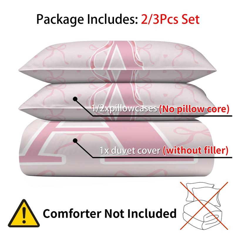 Pink Bow Print Bedding Set, Fashion A-Z Letter Print Design, Includes 1 Duvet Cover and 1/2 Pillowcase, No filling/Zipper Closure, Perfect Creative Bedroom Decoration Kit for Girls, Full Size, Bedsheet Sets