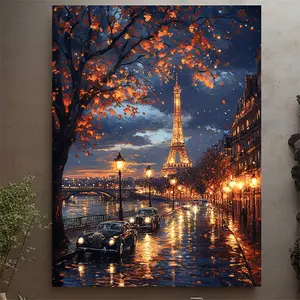 1 piece, framed, exotic night market scene car wall painting canvas print, Eiffel Tower, Paris street, street lamp, -3G608G0138